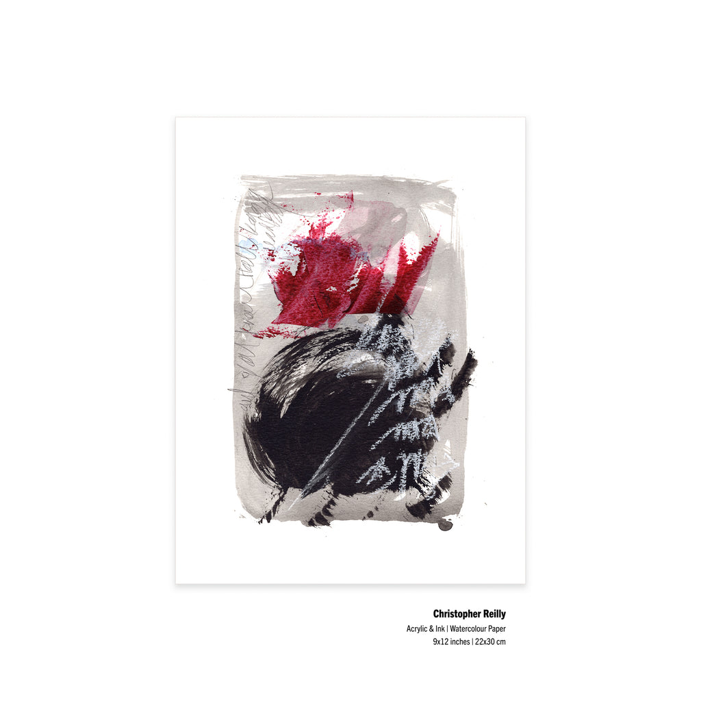 An unframed flat-lay view of the original artwork Painting 149 by Canadian artist Christopher Reilly on textured paper, showing neat specification labels at the bottom right corner outlining the 9x12 inch dimensions and materials.