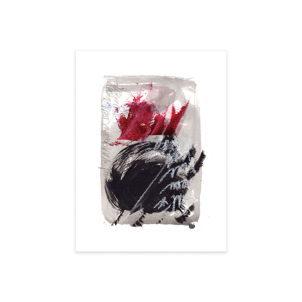 A high-resolution product shot of Painting 149 by Christopher Reilly on white watercolor paper, accentuating the fine texture of the gray acrylic washes, the thick layers of crimson red paint, and the fluid ink splatter details.