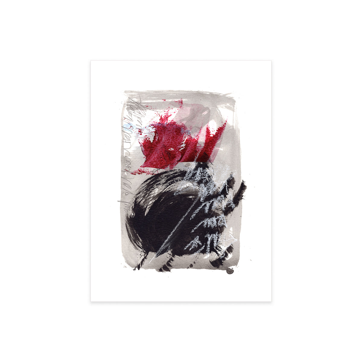 A high-resolution product shot of Painting 149 by Christopher Reilly on white watercolor paper, accentuating the fine texture of the gray acrylic washes, the thick layers of crimson red paint, and the fluid ink splatter details.