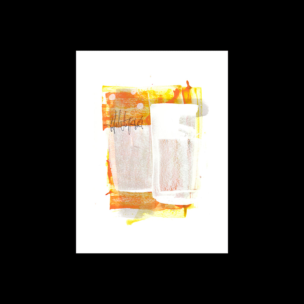 An original 9x12-inch contemporary abstract painting titled Painting 150 by Christopher Reilly, featuring a vibrant orange and yellow background wash layered with two semi-translucent white rectangles and a horizontal line of black ink sgraffito script on the left, set on a white paper sheet over a black backdrop.