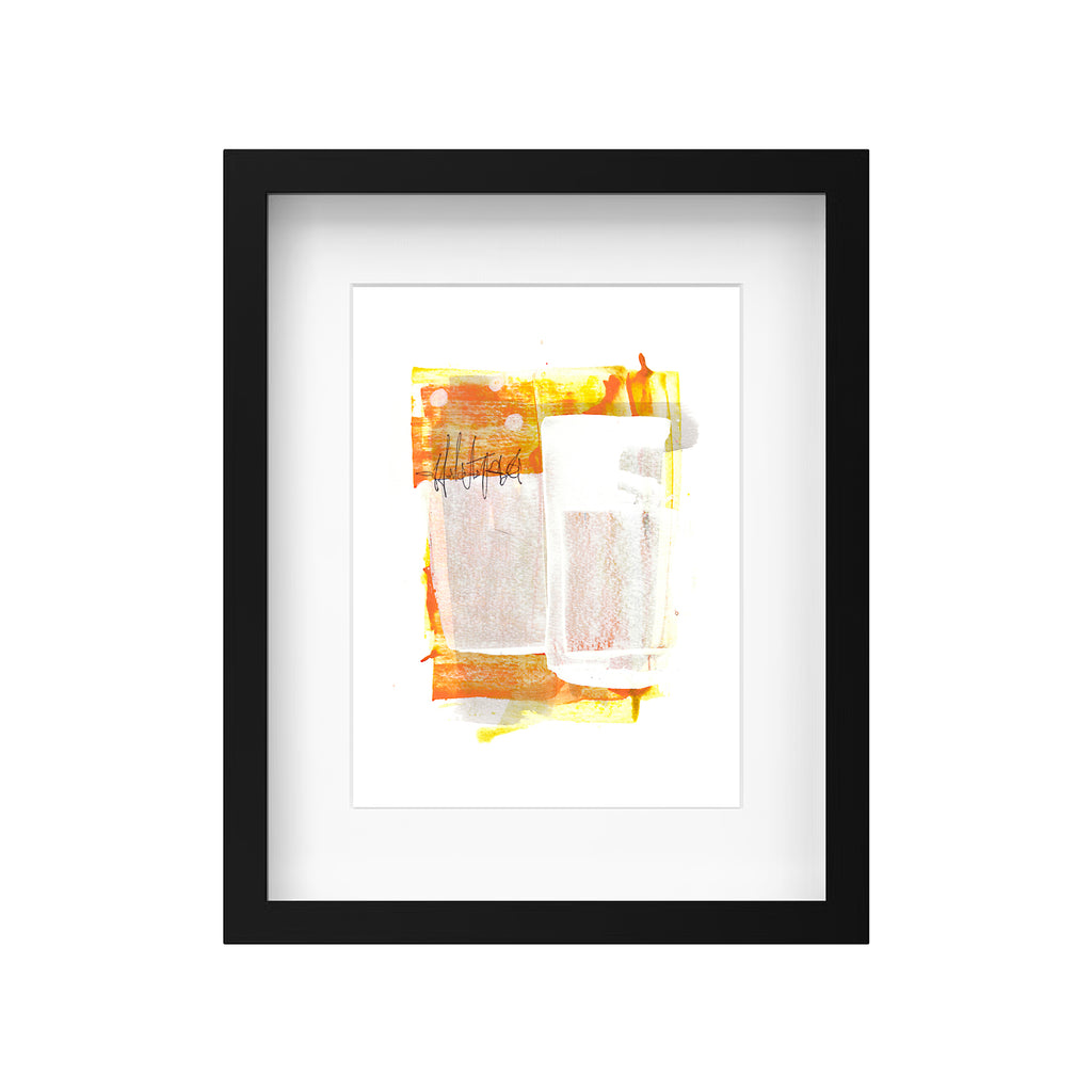 A product mockup showing Christopher Reilly's original mixed-media abstract artwork, Painting 150, styled inside a modern black frame with a crisp white mat board to highlight the warm orange, white, and yellow composition.