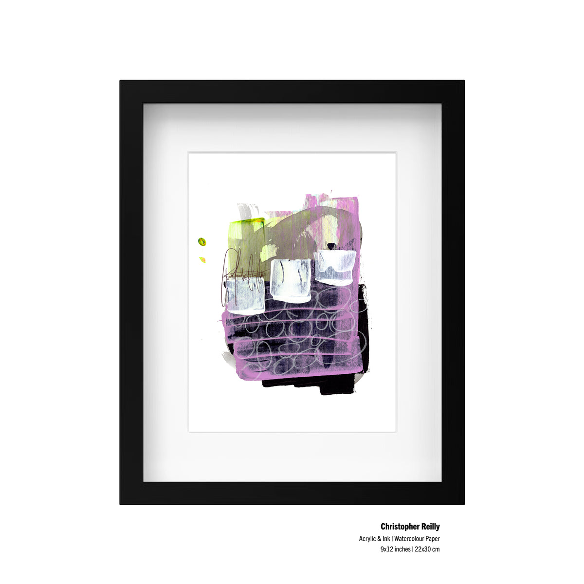 A framed presentation mockup of Painting 157 by Christopher Reilly, showcasing an artist specification label in the bottom right corner reading: Christopher Reilly, Acrylic & Ink | Watercolour Paper, 9x12 inches | 22x30 cm.