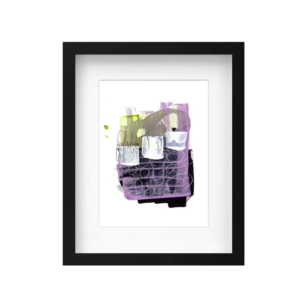 A product mockup showing Christopher Reilly's original mixed-media abstract artwork, Painting 157, styled inside a modern black frame with a crisp white mat board to highlight the purple, black, and white graphic composition.