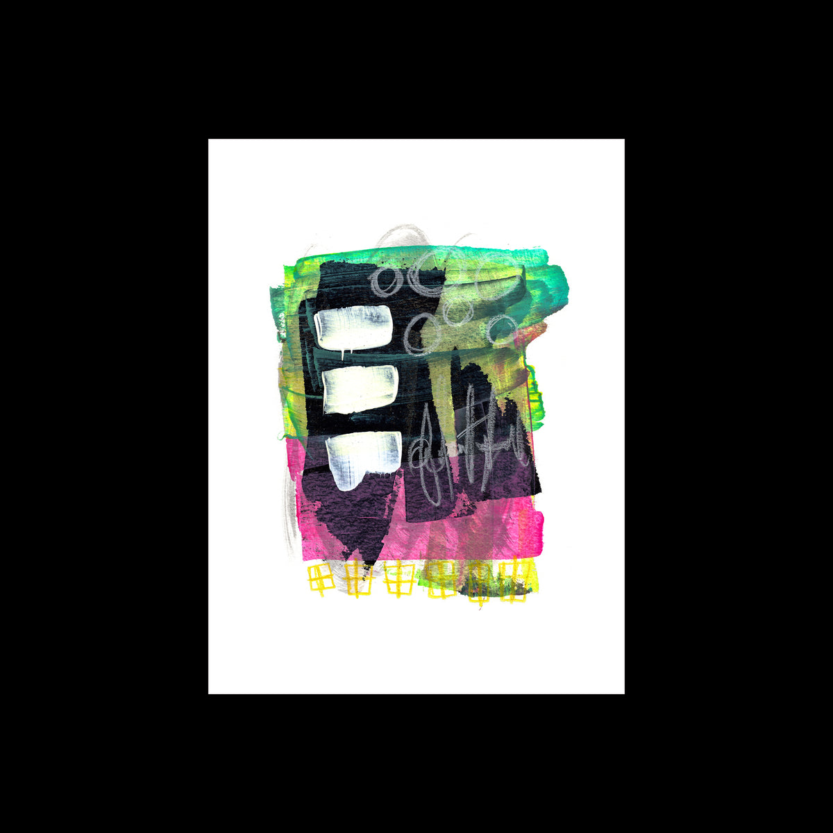 An original 9x12-inch abstract mixed-media painting titled Painting 159 by Christopher Reilly, displaying a background of emerald teal and hot magenta pink centered by a stacked tower of heavy black blocks with fine white script lines and a neon yellow checkerboard grid along the bottom, set on a white paper sheet over a black backdrop.