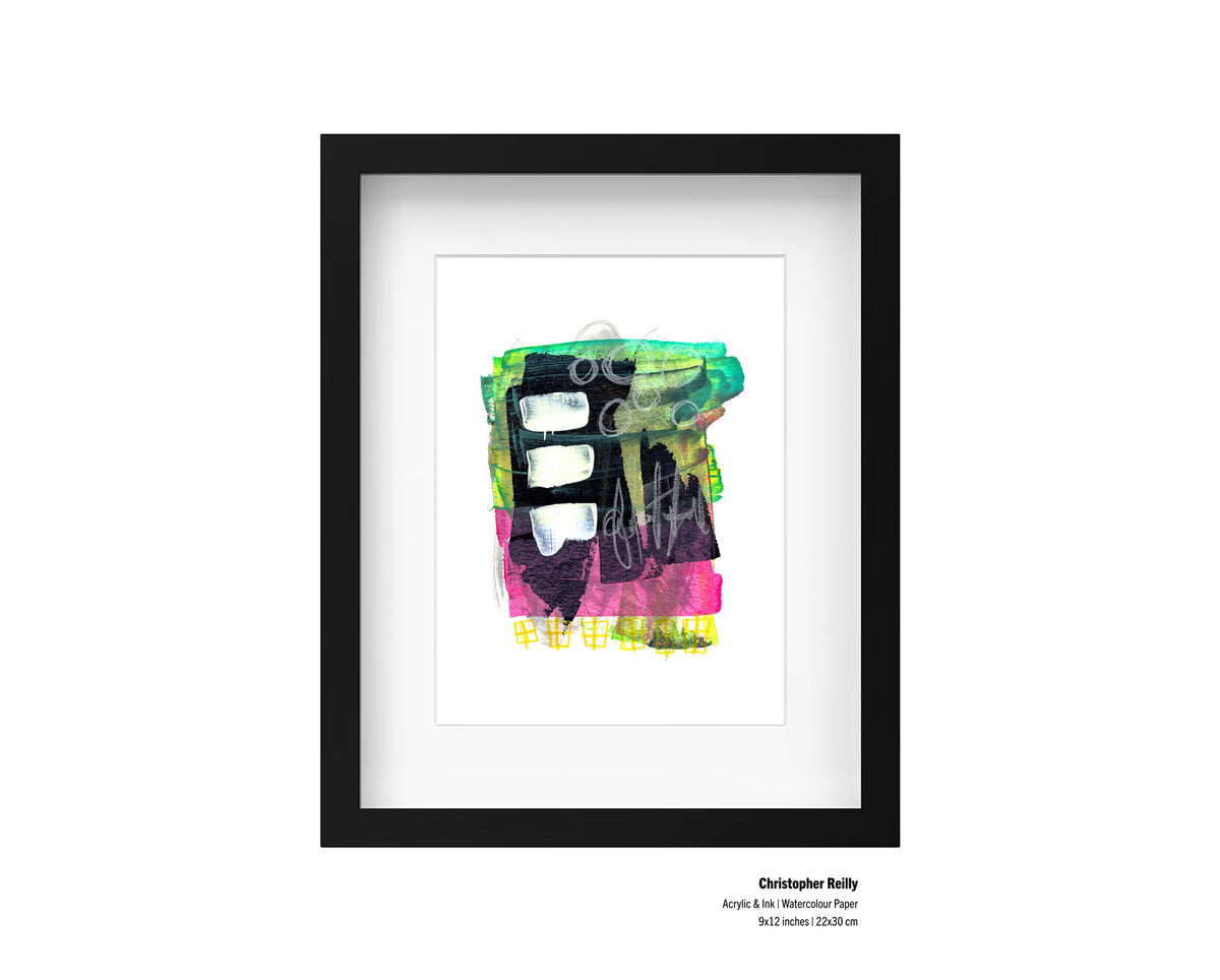 A framed presentation mockup of Painting 159 by Christopher Reilly, showcasing an artist specification label in the bottom right corner reading: Christopher Reilly, Acrylic & Ink | Watercolour Paper, 9x12 inches | 22x30 cm.