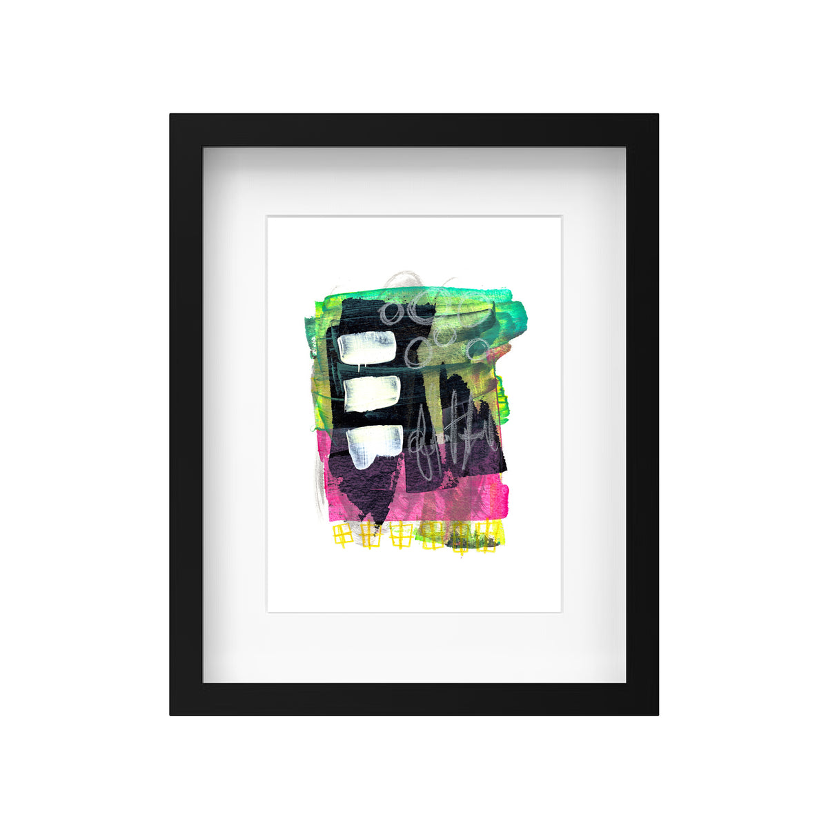A product mockup showing Christopher Reilly's original mixed-media abstract artwork, Painting 159, styled inside a modern black frame with a crisp white mat board to highlight the vibrant teal, pink, and neon yellow composition.