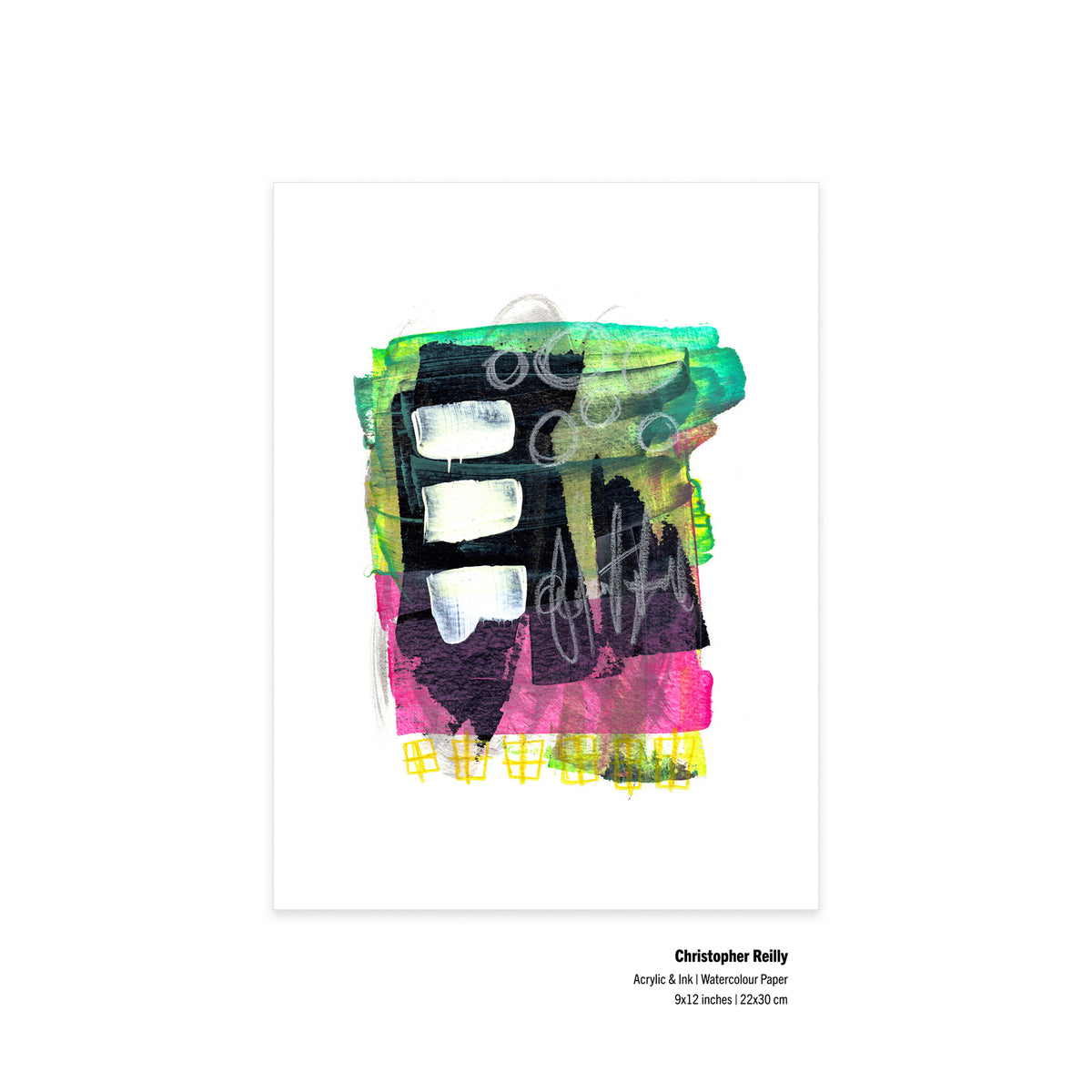 An unframed view of the original artwork Painting 159 by Canadian artist Christopher Reilly on paper, displaying neat metadata labels at the bottom right corner outlining the 9x12 inch dimensions and materials.