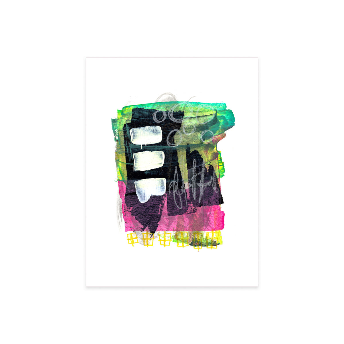 A high-resolution product shot of Painting 159 by Christopher Reilly on white watercolor paper, highlighting the rich textures of the pink and teal acrylic brushstrokes and the precise details of the white graffiti-style scratch markings.