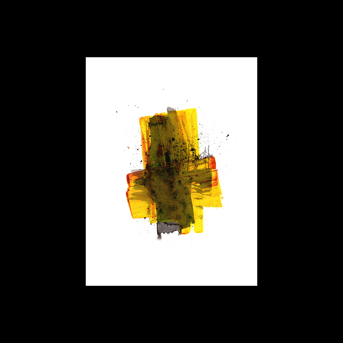 An original 9x12-inch abstract painting titled Painting 179 by Christopher Reilly, displaying a central cross-like composition of mustard yellow and amber orange blocks layered with a smoky vertical wash of olive green paint and fine black ink line details, set on a white paper sheet over a black backdrop.