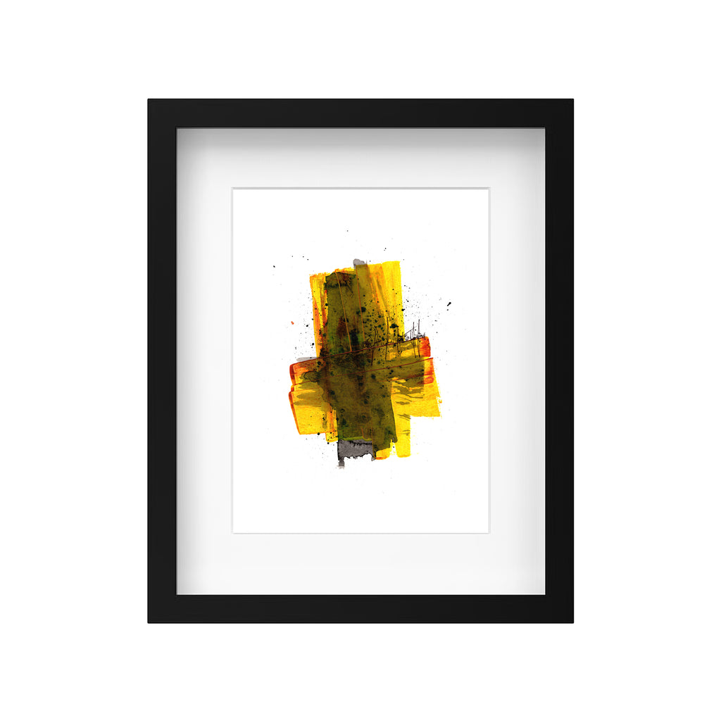 A product mockup showing Christopher Reilly's original mixed-media abstract artwork, Painting 179, styled inside a modern black frame with a crisp white mat board to highlight the warm yellow, orange, and olive green composition.