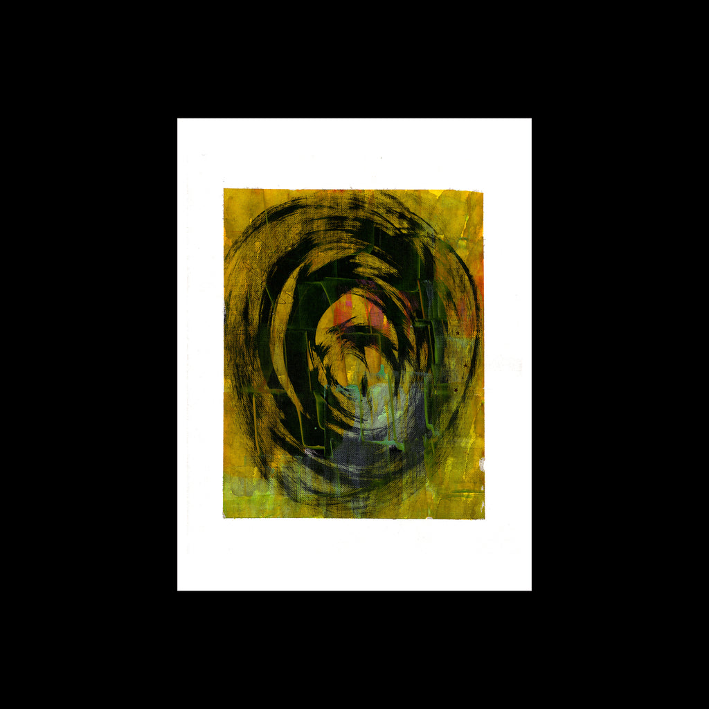 9x12 original abstract painting by Christopher Reilly. Yellow, green, and black swirling post-graffiti style on paper.