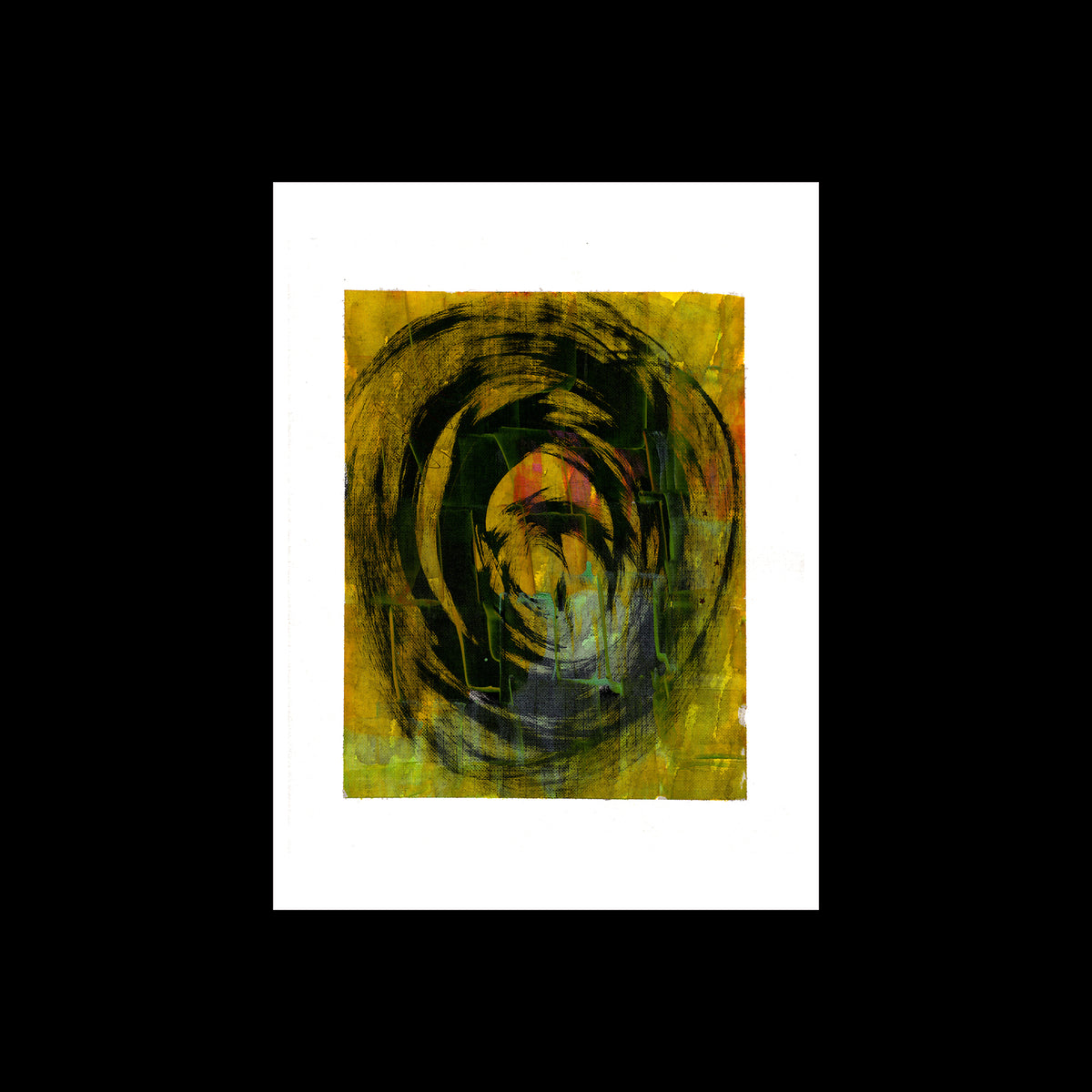 9x12 original abstract painting by Christopher Reilly. Yellow, green, and black swirling post-graffiti style on paper.