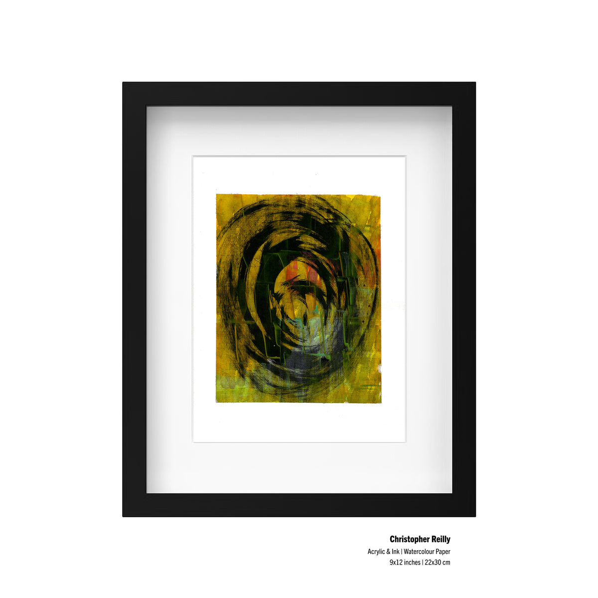 Framed 9x12 inch abstract painting by Christopher Reilly, featuring printed details and dimensions on the corner layout.