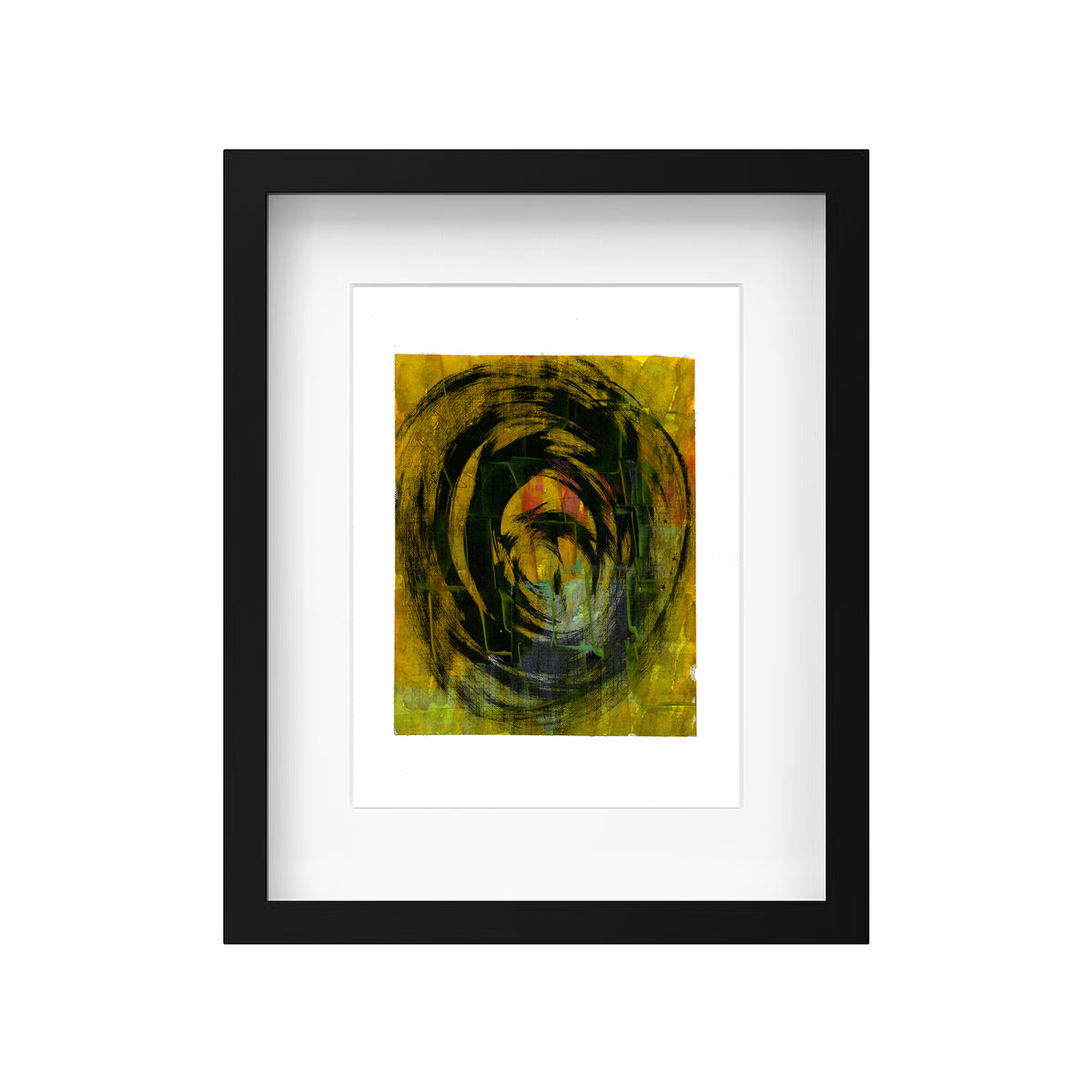 Original yellow and black abstract vortex painting by Christopher Reilly displayed in a modern black frame with a white mat.