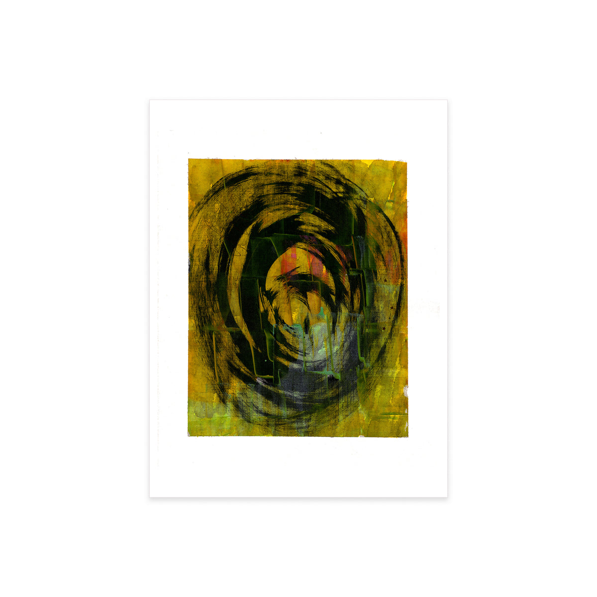 9x12 inch ochre abstract painting on paper by Christopher Reilly with artist credits and sizing text in the margin.