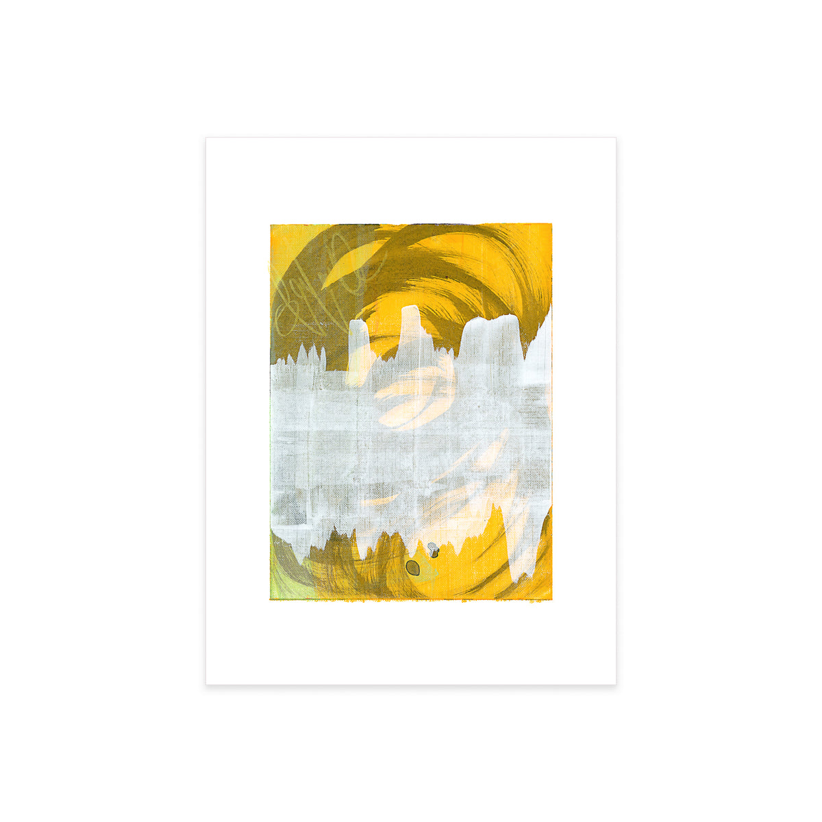 9x12 original abstract painting by Christopher Reilly. Ochre yellow post-graffiti swirls with a textured grey center band.
