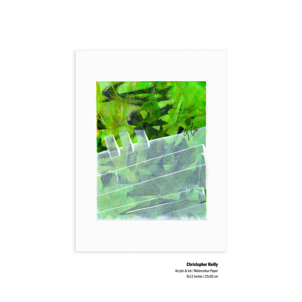 9x12 inch green abstract painting on watercolor paper by Christopher Reilly with fine art details printed in the margins.
