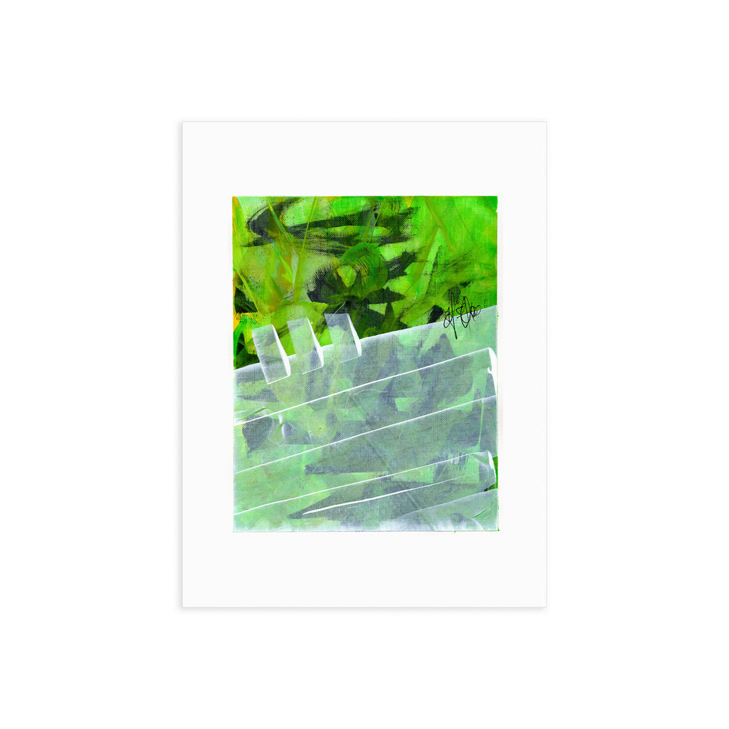 Flat lay perspective of original 9x12 green post-graffiti abstract art by Christopher Reilly on white heavyweight paper.