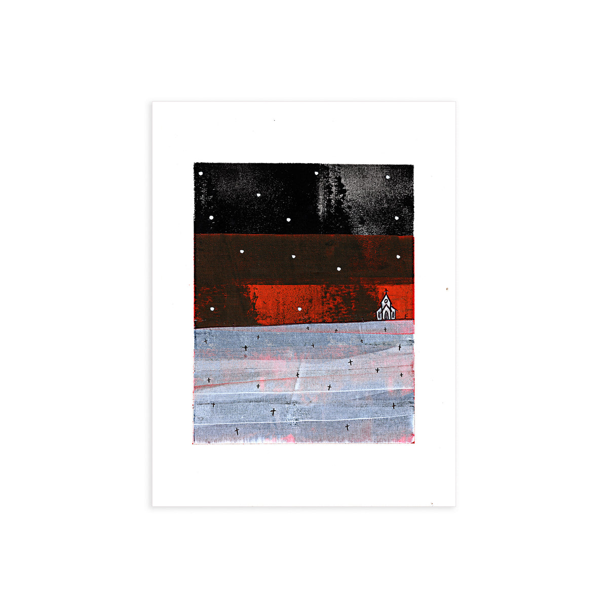 Flat lay perspective of original 9x12 dark post-graffiti landscape art by Christopher Reilly on white heavyweight paper.
