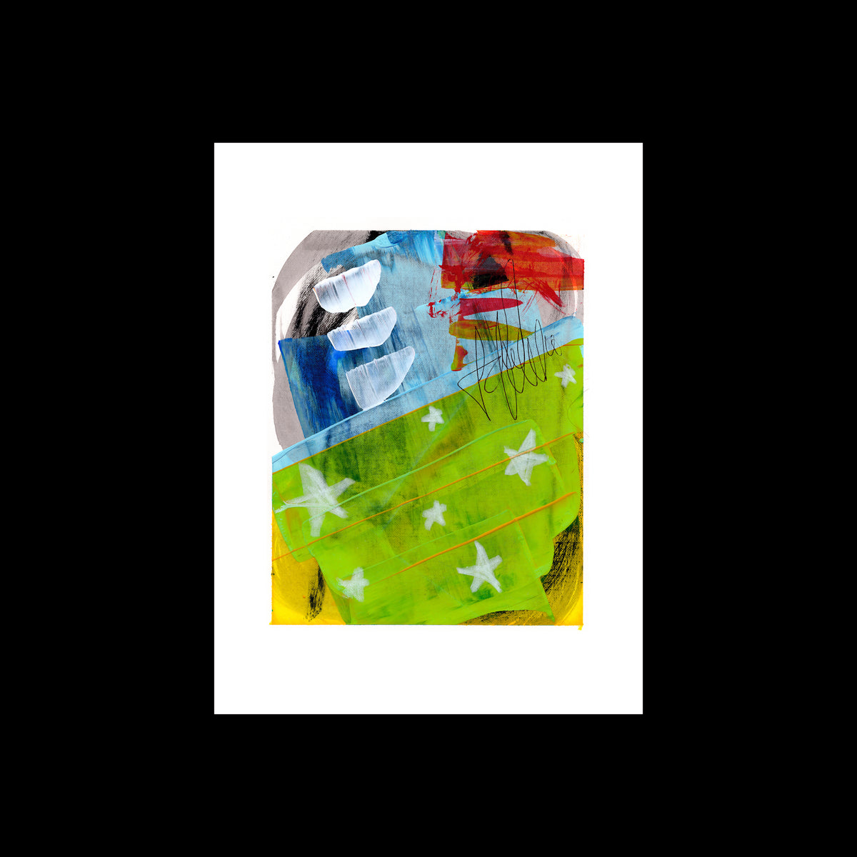 A 15-second product presentation video scrolling through the layout options for Painting 251 by Christopher Reilly. The video pans smoothly from a raw unframed view of the star-motif abstract artwork to a mockup inside a modern black frame with a wide white mat board, finishing with close-up text details of the specs.