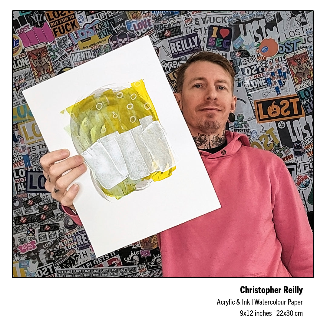 A 15-second product presentation video transitions between the digital files for Painting 263 by Christopher Reilly, showing the unframed metallic silver and olive green abstract painting, a black frame mockup with a white mat board, a texture close-up, and the artist holding the physical piece.