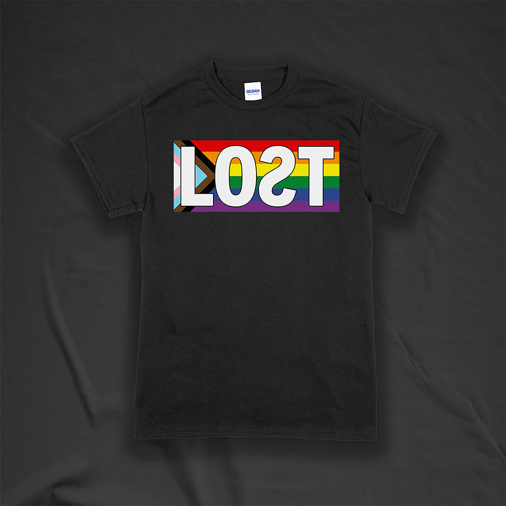 LOST progress flag shirt design by Lost Streetwear. Full color design displayed on a black shirt.