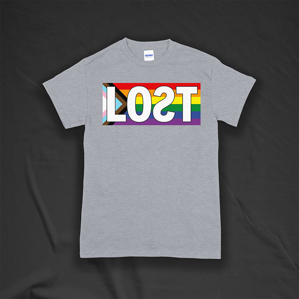 LOST progress flag shirt design by Lost Streetwear. Full color design displayed on a grey shirt.
