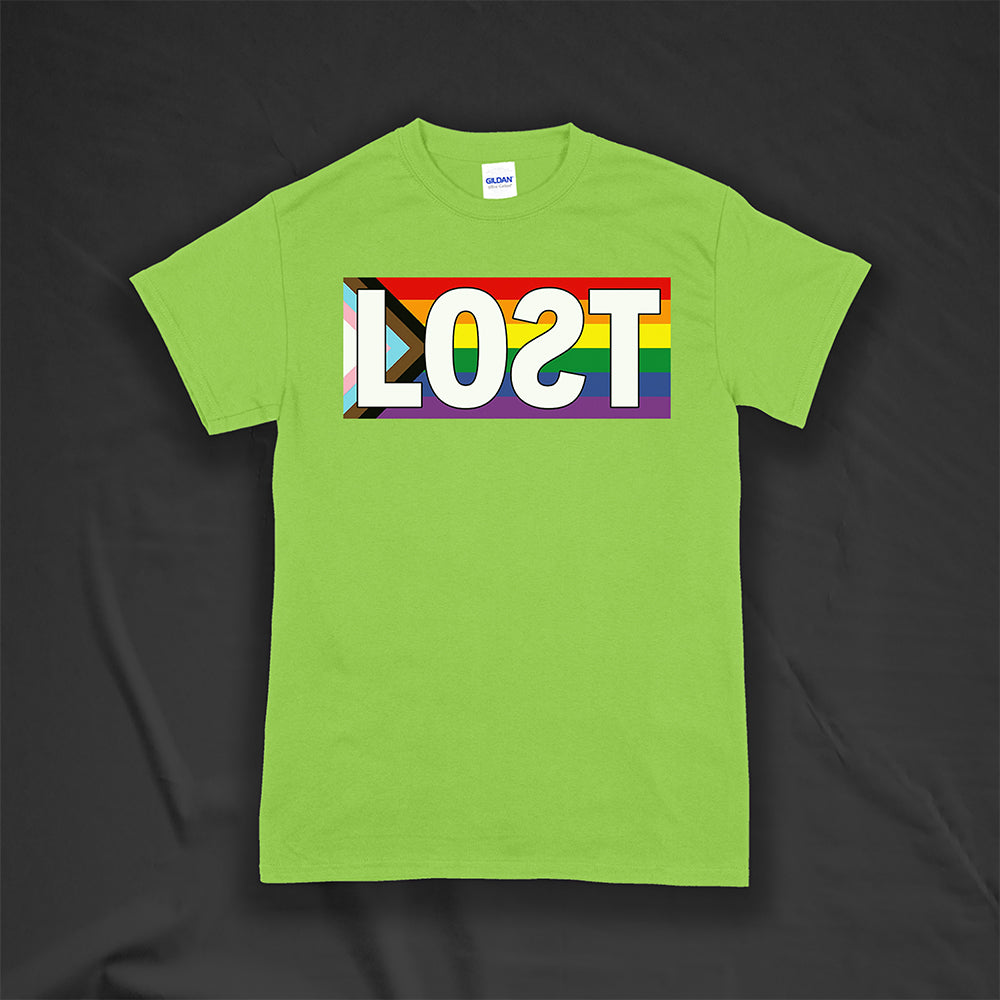 LOST progress flag shirt design by Lost Streetwear. Full color design displayed on a lime green shirt.