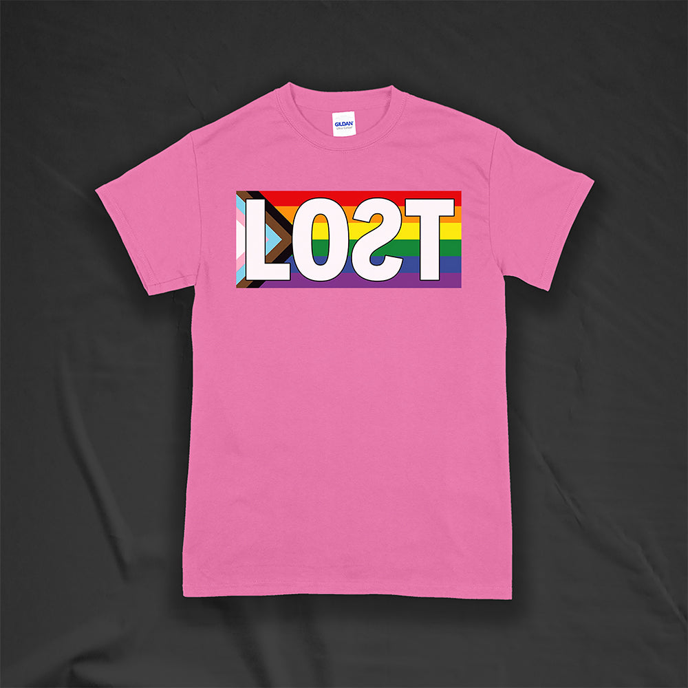 LOST progress flag shirt design by Lost Streetwear. Full color design displayed on an azalea pink shirt.
