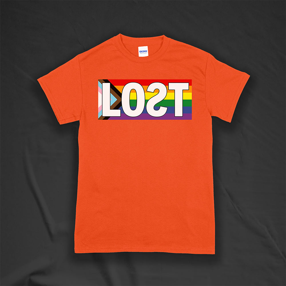 LOST progress flag shirt design by Lost Streetwear. Full color design displayed on an orange shirt.