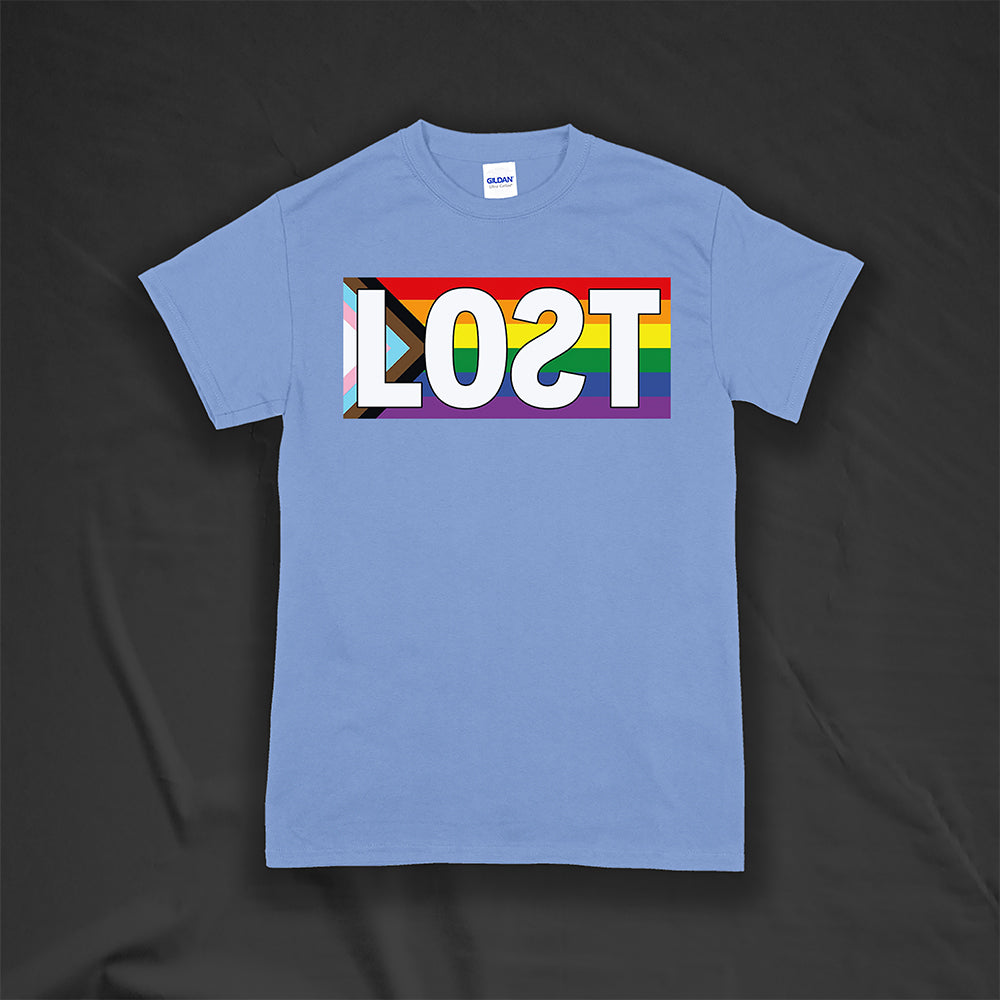 LOST progress flag shirt design by Lost Streetwear. Full color design displayed on a Carolina blue shirt.