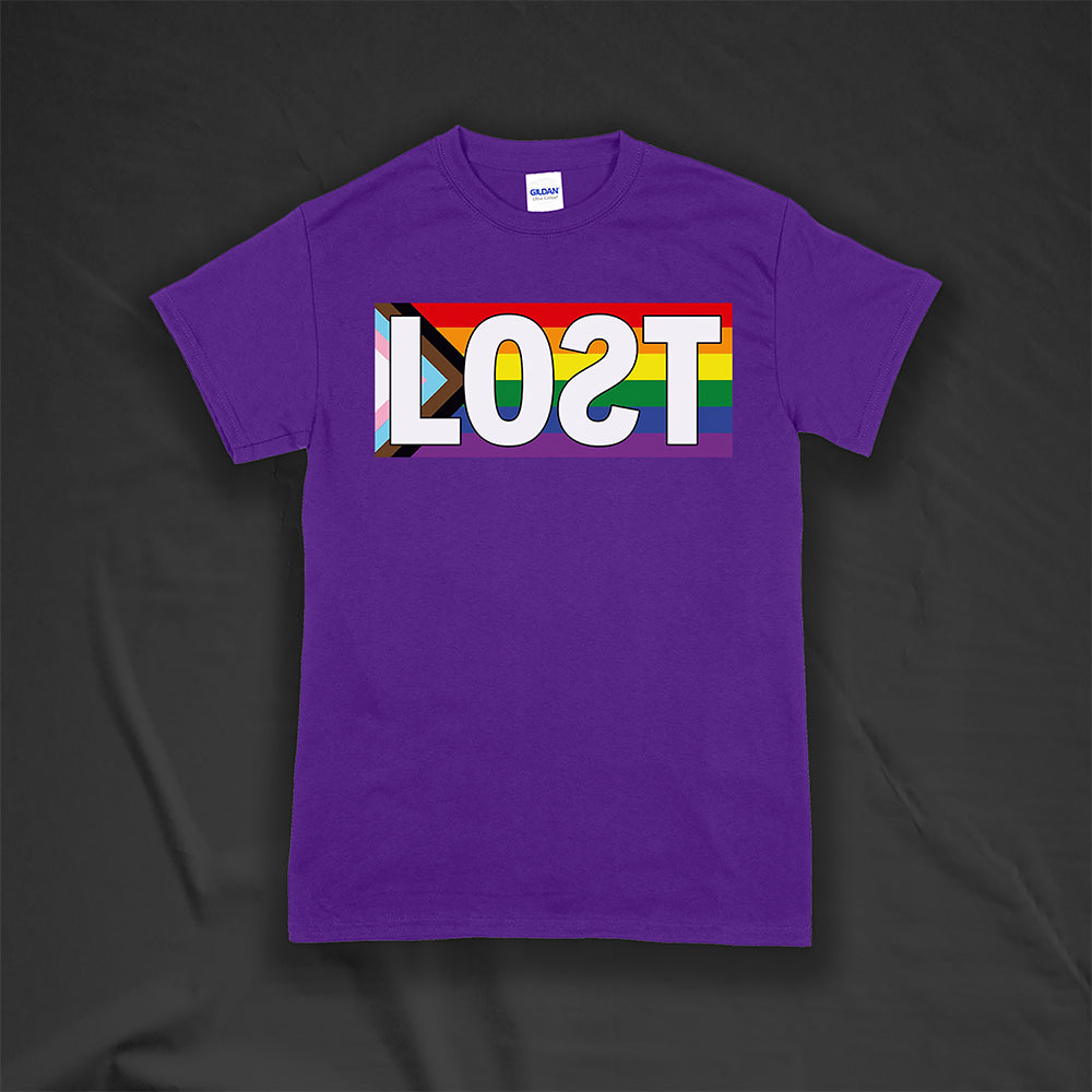 LOST progress flag shirt design by Lost Streetwear. Full color design displayed on a purple shirt.