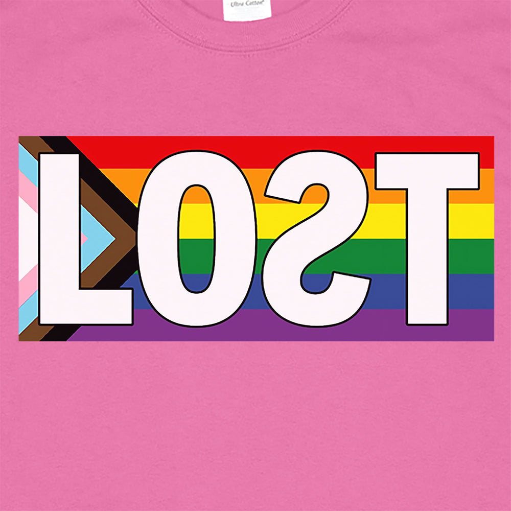 Detail view of the LOST progress flag shirt design by Lost Streetwear. Full color design displayed on an azalea pink shirt. 